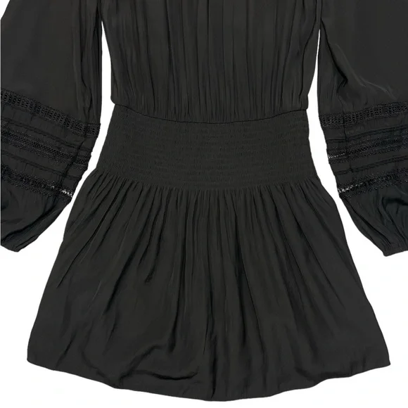Ramy Brook Rosey Blouson Smocked Mini Dress Black Long Sleeve Tie Neck Size S - Picture 12 of 16